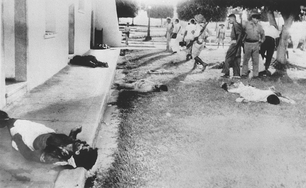 EDITORS NOTE : GRAPHIC CONTENT - Following an unsuccessful uprising against dictator Fulgencio Batista the dead bodies of shot insurgents lie on the grounds of the Moncada barracks in Santiago de Cuba on July 26, 1953. The attack on the Moncada barracks, which left 54 people dead, was the start of a long lasting civil war on the island of Cuba, which ended with the overthrow of the Batista regime. (AP/Str)