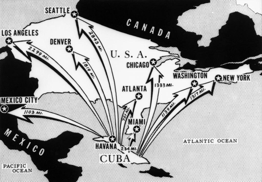 1962 --- This newspaper map from the time of the Cuban Missile Crisis shows the distances from Cuba of various cities on the North American Continent. --- Image by © Bettmann/CORBIS